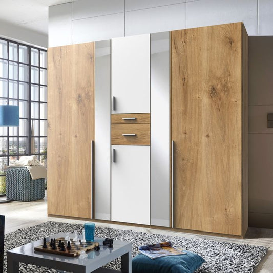 Odense 5 Door Mirrored Wardrobe | White & Planked Oak | Spacious Design | Furco