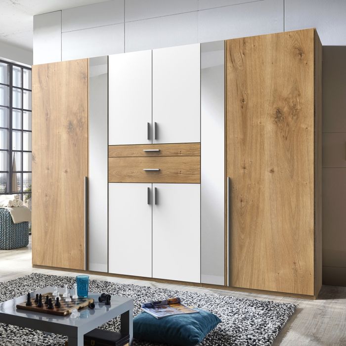 Odense 6 Door Mirrored Wardrobe | White & Planked Oak | Spacious & Stylish | Furco