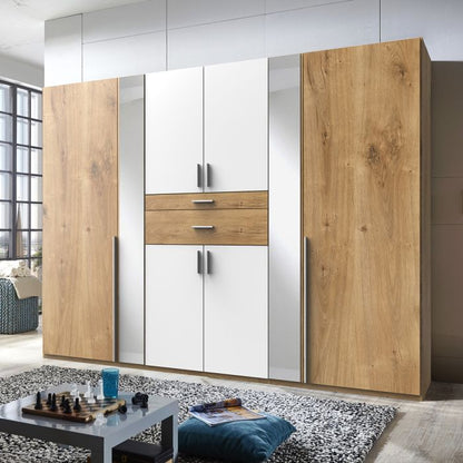 Odense 6 Door Mirrored Wardrobe | White & Planked Oak | Spacious & Stylish | Furco