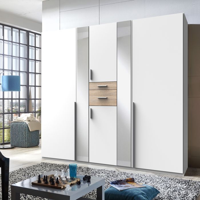 Odense 5 Door Mirrored Wardrobe | White & Oak | Timeless Appeal | Furco