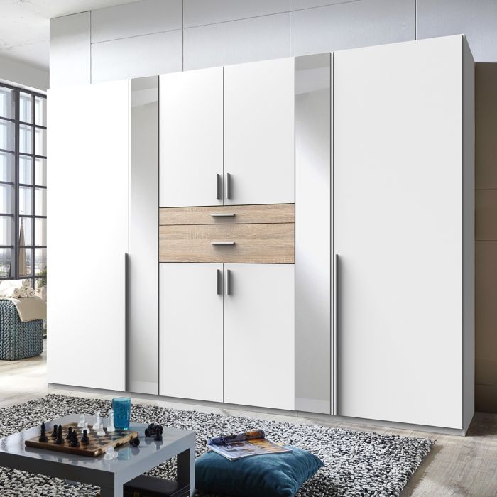 Odense 6 Door Mirrored Wardrobe | White & Oak | Timeless Design | Furco