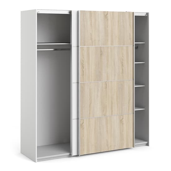 Dcap Wooden Sliding 2 Doors Wardrobe In White Oak With 5 Shelves