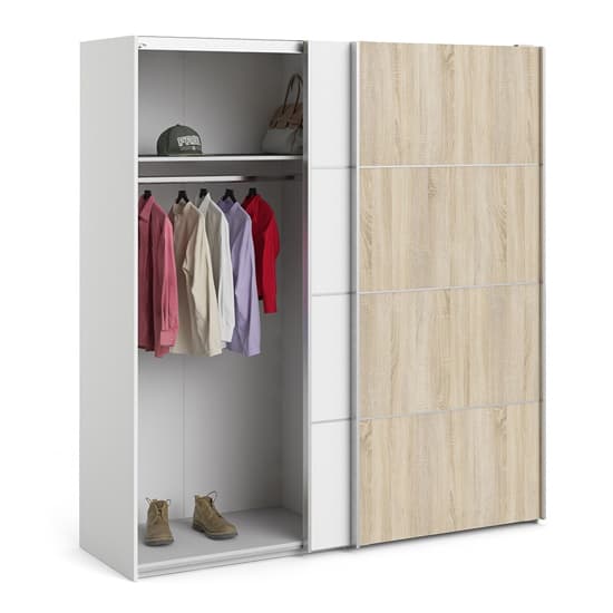 Dcap Wooden Sliding 2 Doors Wardrobe In White Oak With 5 Shelves