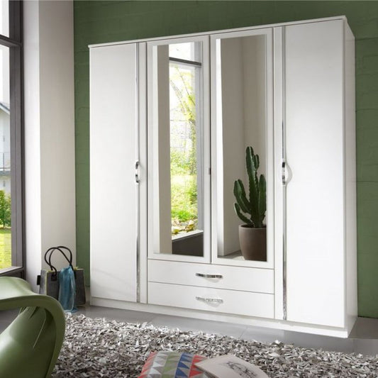 Dewi White 4 Door 2 Drawer Mirrored Wardrobe | Contemporary Storage | Furco