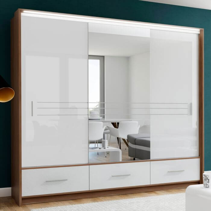 Wiltshire 250cm Large Sliding 3 Door Wardrobe with Mirror Walnut with 3 Drawers - White Gloss