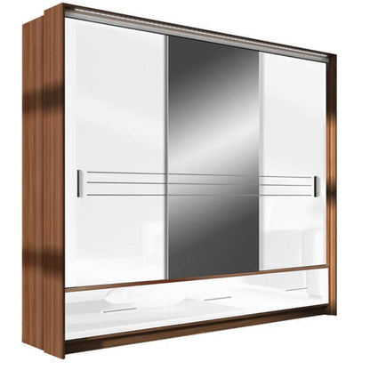 Wiltshire 250cm Large Sliding 3 Door Wardrobe with Mirror Walnut with 3 Drawers - White Gloss