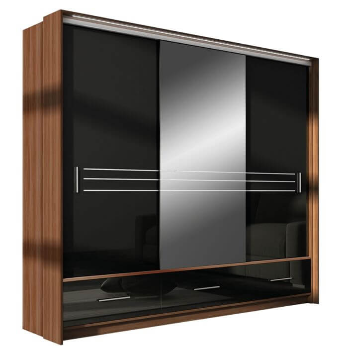 Wiltshire 250cm Large Sliding 3 Door Wardrobe with Mirror Walnut with 3 Drawers - Black Gloss