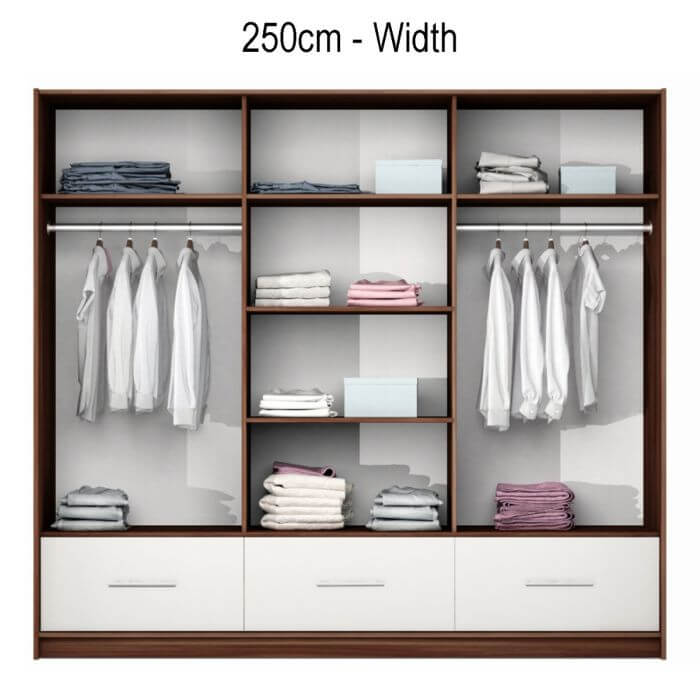 Wiltshire 250cm Large Sliding 3 Door Wardrobe with Mirror Walnut with 3 Drawers - White Gloss