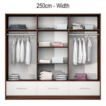 Wiltshire 250cm Large Sliding 3 Door Wardrobe with Mirror Walnut with 3 Drawers - Black Gloss