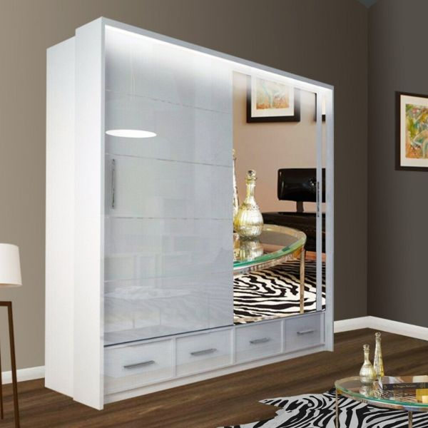 FURCO | Cecilia High Gloss | White 2 Door Sliding Wardrobe | 208 cm | Sleek & Spacious Design