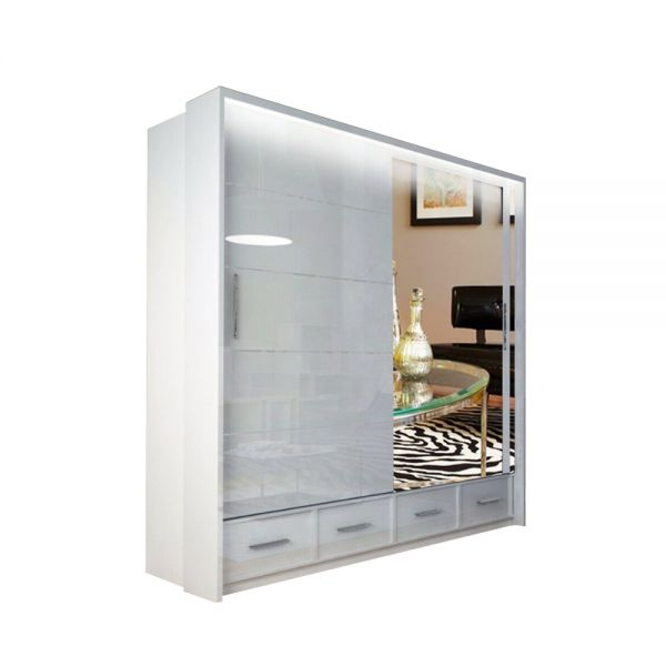 FURCO | Cecilia High Gloss | White 2 Door Sliding Wardrobe | 208 cm | Sleek & Spacious Design