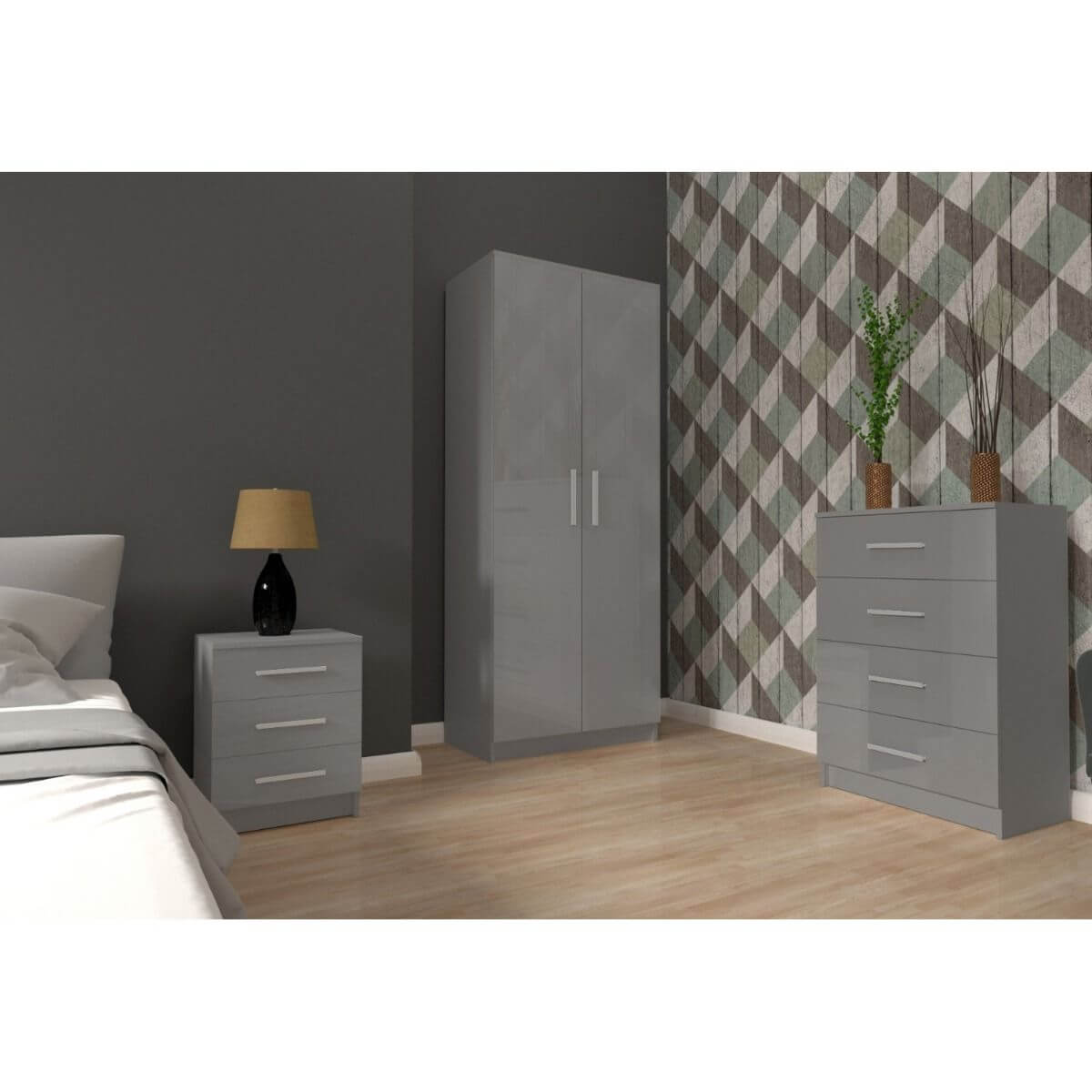 FURCO Fizzier White High Gloss Bedroom Ensemble - 3 Piece Modern Wardrobe Set