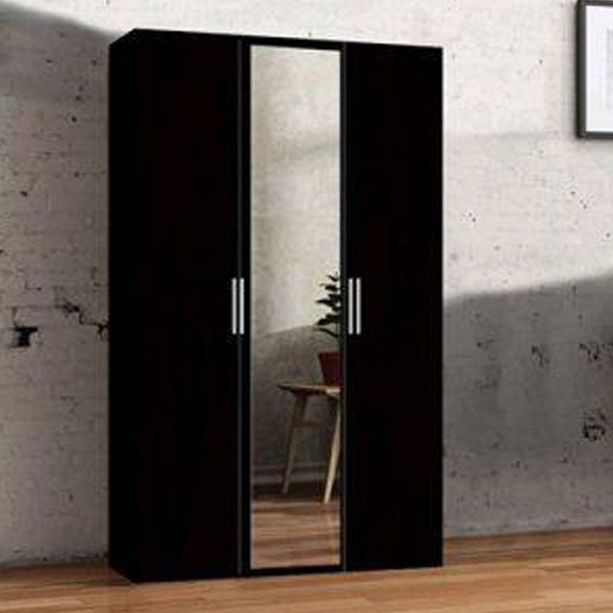 FURCO | Fizzier Black | 3 Door Mirror Hinged Wardrobe | 120 cm | Sophisticated & Contemporary