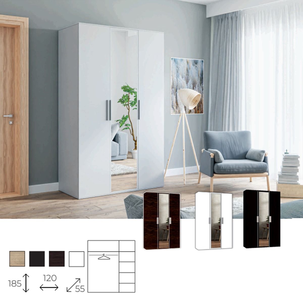 FURCO | Fizzier White | 3 Door Mirror Hinged Wardrobe | 120 cm | Sleek & Modern