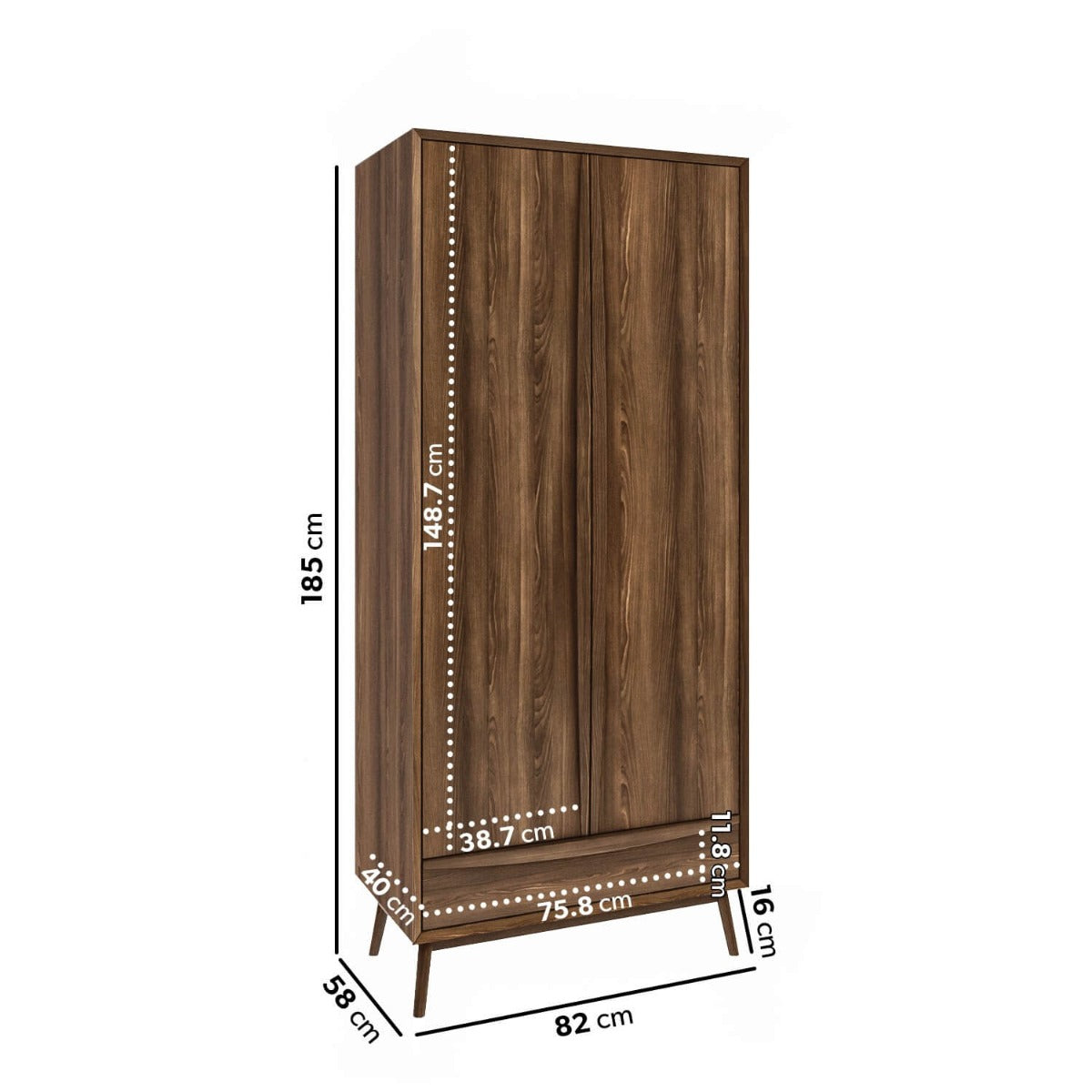 Walnut Mid-Century Double Wardrobe with Drawer - Frances