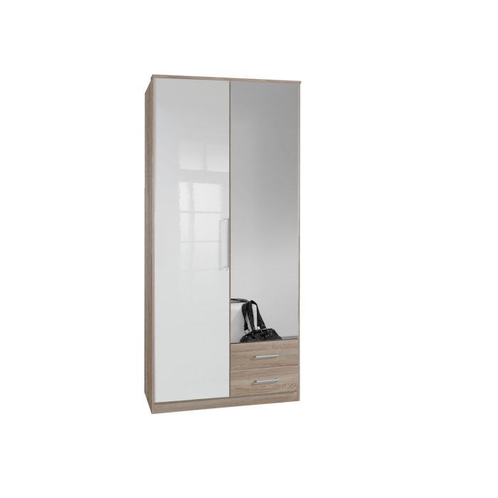 Gema 2 Door 2 Drawer Mirrored Wardrobe | Oak & White Gloss | Modern Fusion | Furco