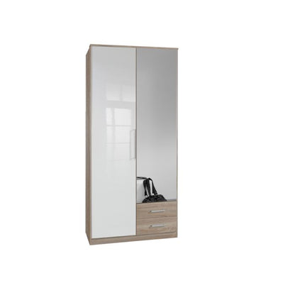 Gema 2 Door 2 Drawer Mirrored Wardrobe | Oak & White Gloss | Modern Fusion | Furco