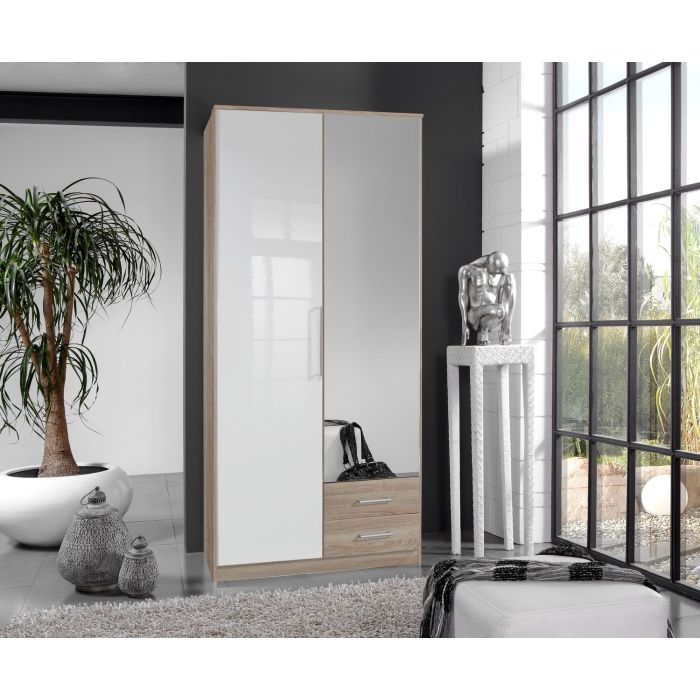 Gema 2 Door 2 Drawer Mirrored Wardrobe | Oak & White Gloss | Modern Fusion | Furco