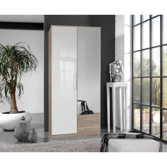 Gema 2 Door 2 Drawer Mirrored Wardrobe | Oak & White Gloss | Modern Fusion | Furco