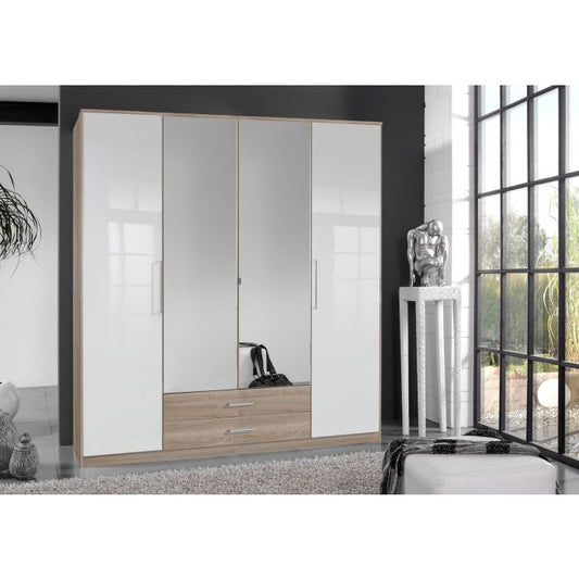 Gema Oak and White Gloss 4 Door 2 Drawer Mirrored Wardrobe | Modern Contrast | Furco