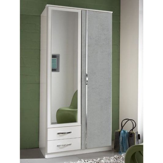 Dewi 2 Door Mirrored Wardrobe | White & Grey with 2 Drawers | Contemporary Mix | Furco