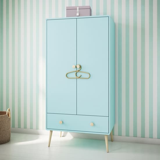 Giza Wooden Wardrobe With 2 Doors 1 Drawer In Cool Mint
