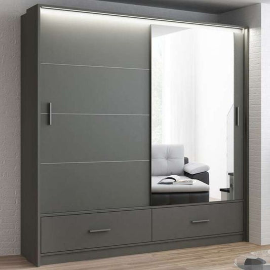 Warrington Graphite Grey Sliding 2 Door Mirrored Wardrobe | 208cm with Integrated Drawers | Sleek Design | Furco