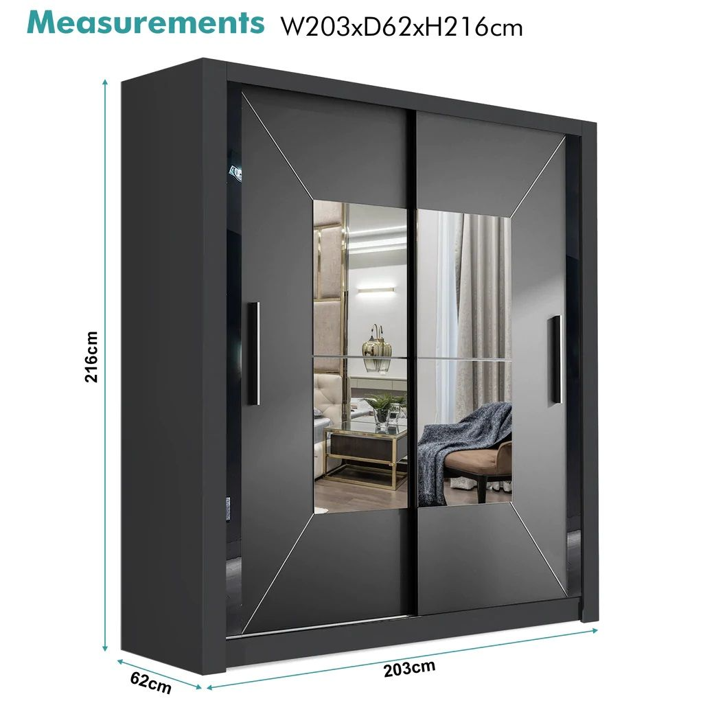 FURCO | Massapequa 2 Door Sliding Wardrobe | Classic Black | Modern & Space-Efficient Design