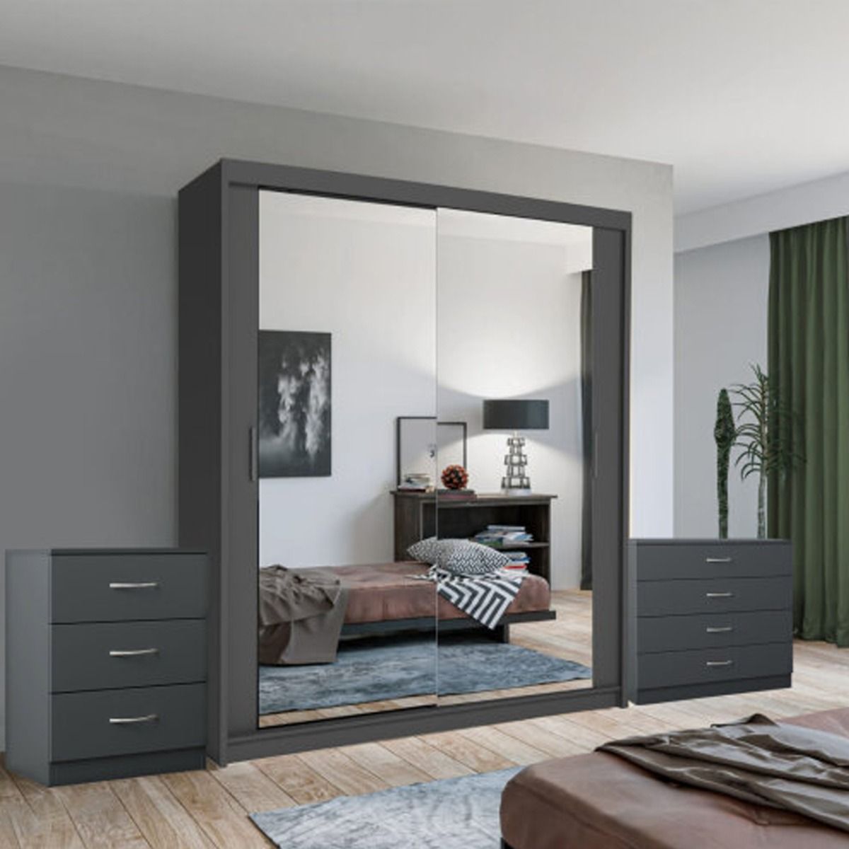 Hackney Sliding 2 Door Wardrobe Set with Chest of Drawers and Bedside - Wenge