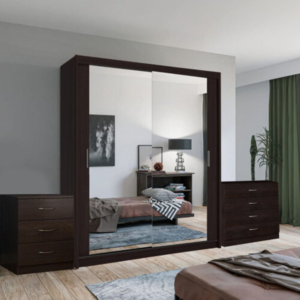 Hackney Sliding 2 Door Wardrobe Set with Chest of Drawers and Bedside - Oak