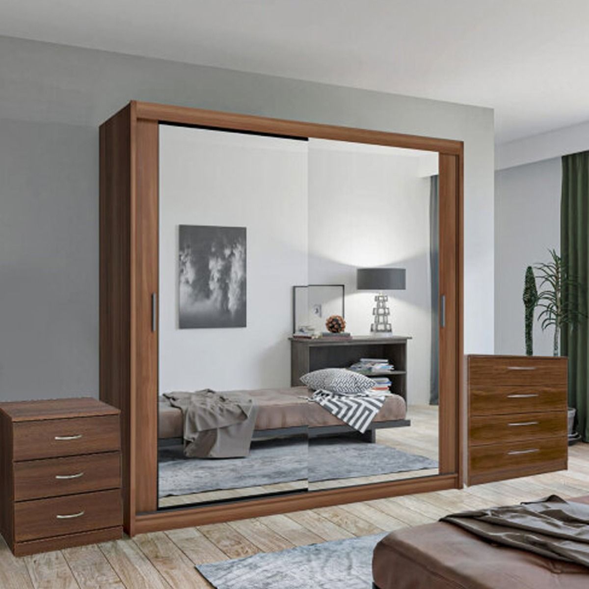 Hackney Sliding 2 Door Wardrobe Set with Chest of Drawers and Bedside - Oak