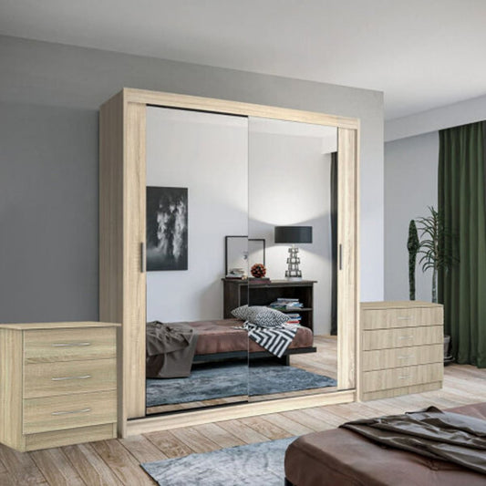 Hackney Sliding 2 Door Wardrobe Set with Chest of Drawers and Bedside - Walnut