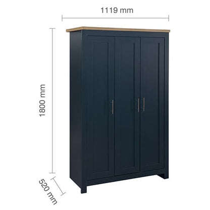Highgate Wooden Wardrobe With 3 Doors In Navy Blue And Oak