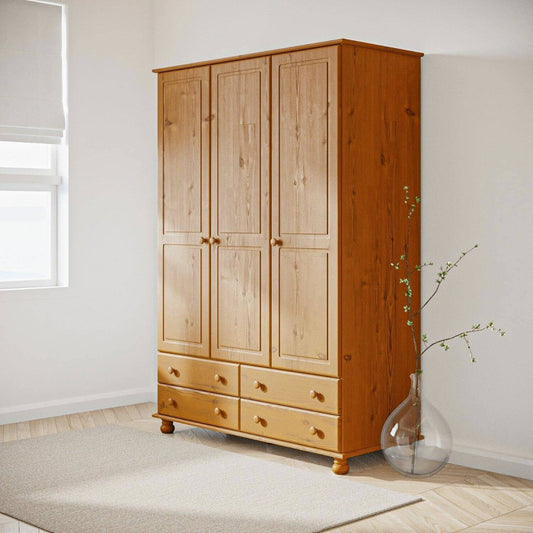 Pine 3 Door Triple Wardrobe with Drawers - Hamilton