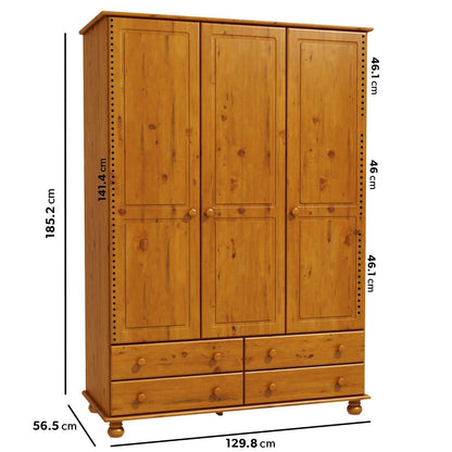 Pine 3 Door Triple Wardrobe with Drawers - Hamilton