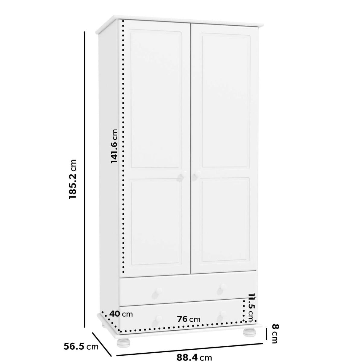 White Painted Pine 2 Door Double Wardrobe with Drawers - Hamilton