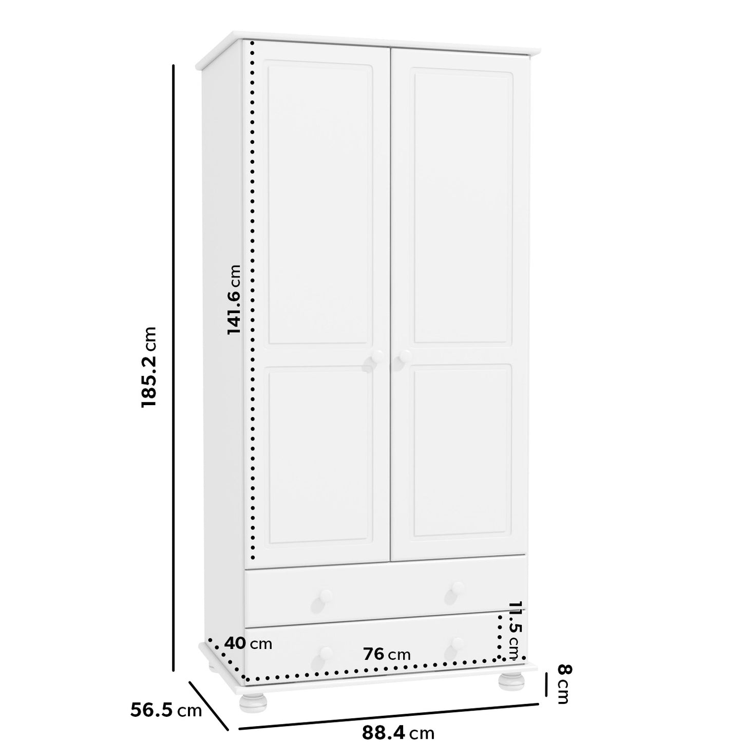 White Painted Pine 2 Door Double Wardrobe with Drawers - Hamilton