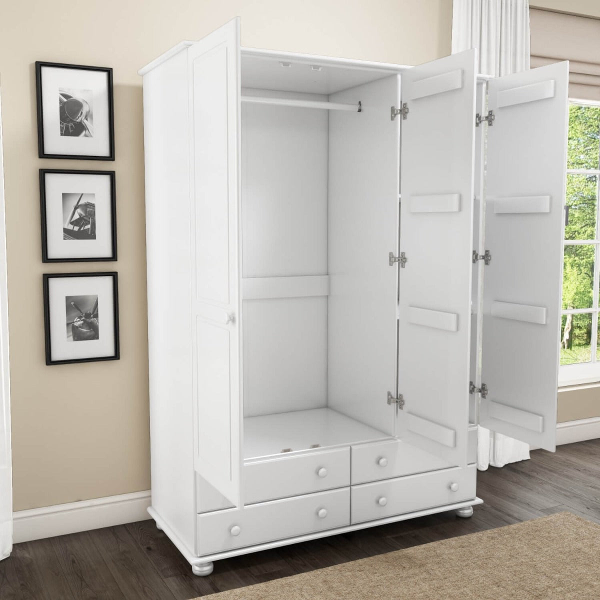 White Painted Pine 3 Door Triple  Wardrobe with Drawers - Hamilton