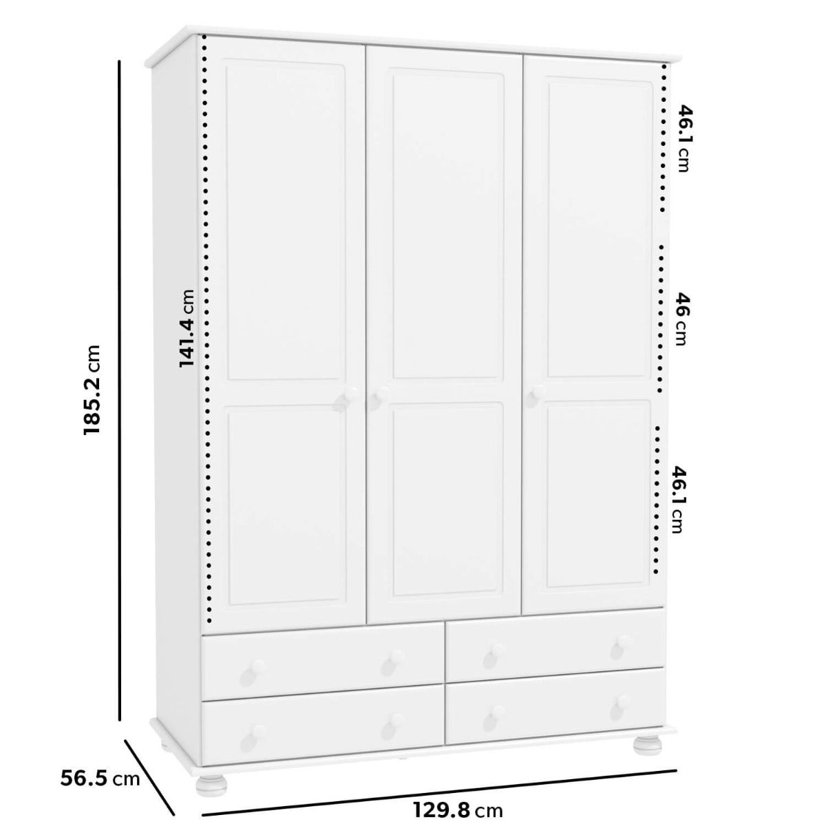 White Painted Pine 3 Door Triple  Wardrobe with Drawers - Hamilton