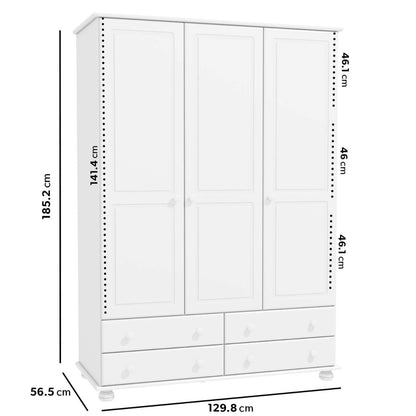 White Painted Pine 3 Door Triple  Wardrobe with Drawers - Hamilton
