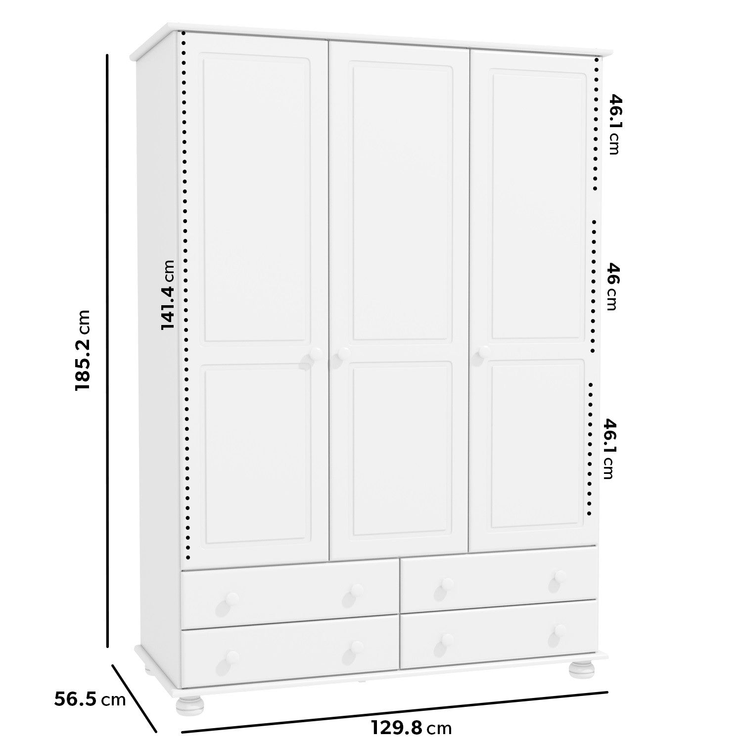 White Painted Pine 3 Door Triple  Wardrobe with Drawers - Hamilton
