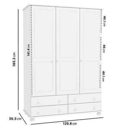 White Painted Pine 3 Door Triple  Wardrobe with Drawers - Hamilton