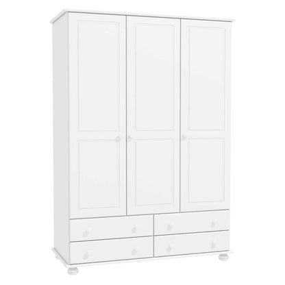 White Painted Pine 3 Door Triple  Wardrobe with Drawers - Hamilton
