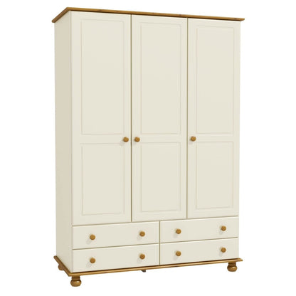 Cream and Pine Painted 3 Door Triple Wardrobe with Drawers - Hamilton