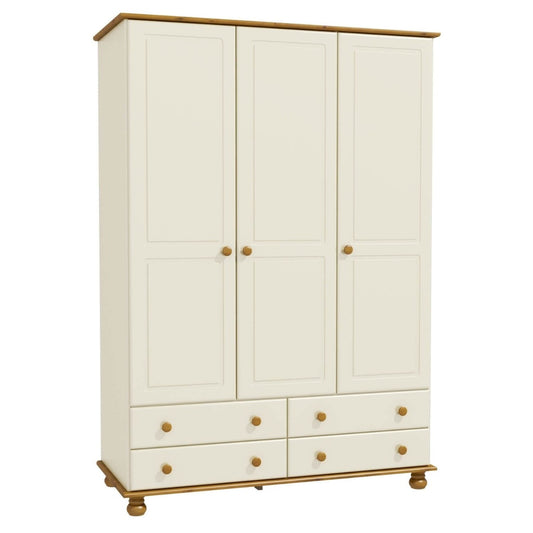 Cream and Pine Painted 3 Door Triple Wardrobe with Drawers - Hamilton