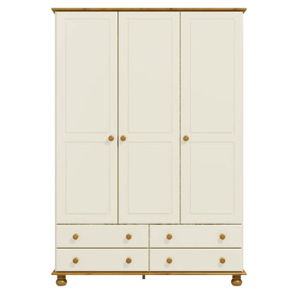 Cream and Pine Painted 3 Door Triple Wardrobe with Drawers - Hamilton