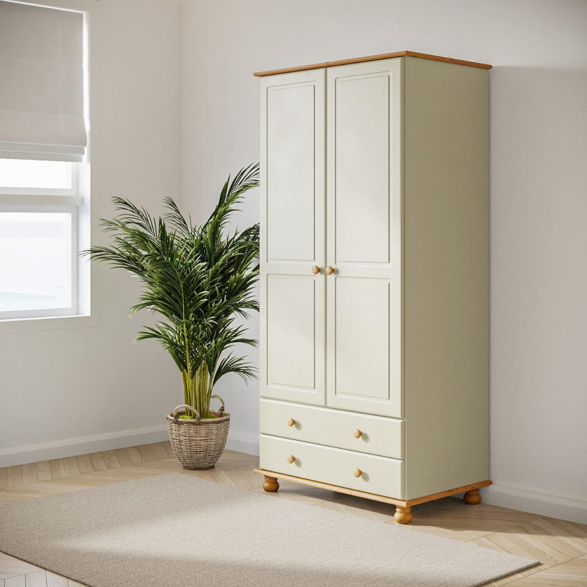 Cream and Pine Painted 2 Door Double Wardrobe with Drawers - Hamilton