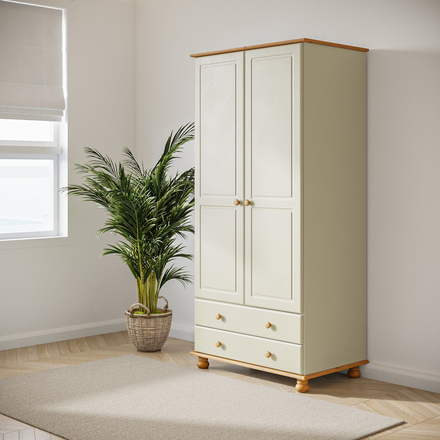 Cream and Pine Painted 2 Door Double Wardrobe with Drawers - Hamilton