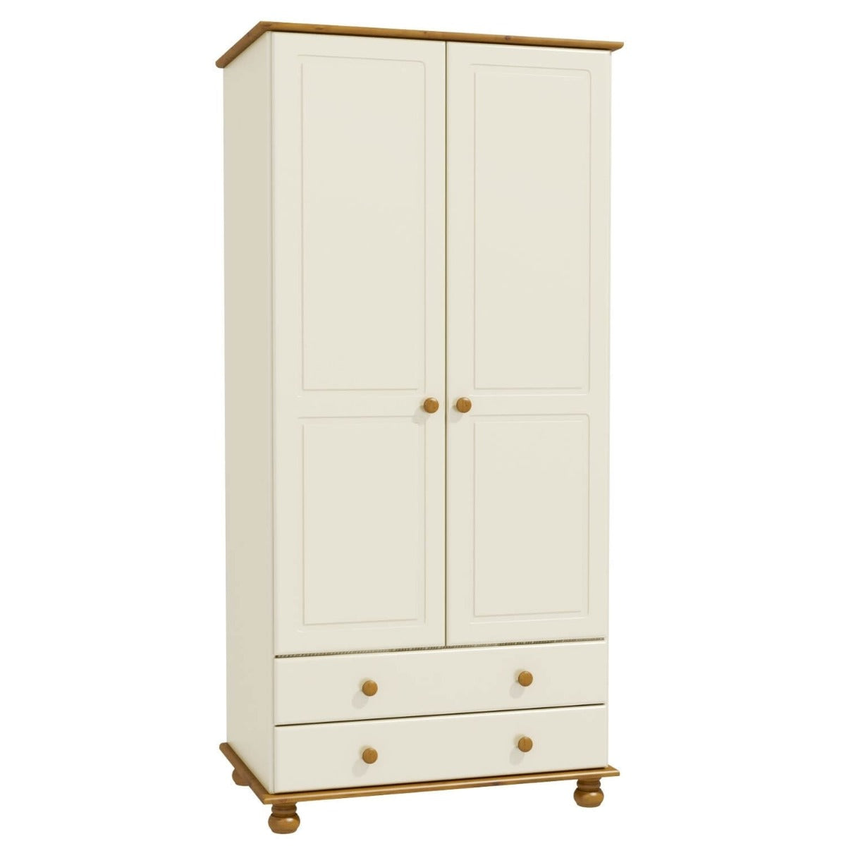 Cream and Pine Painted 2 Door Double Wardrobe with Drawers - Hamilton