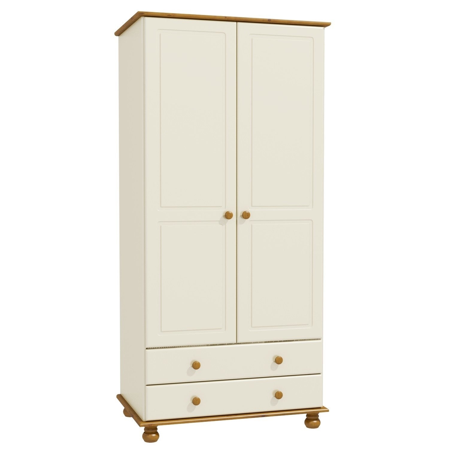 Cream and Pine Painted 2 Door Double Wardrobe with Drawers - Hamilton